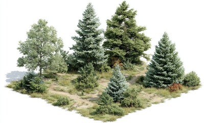 Isometric view of a small grove of various coniferous and deciduous trees