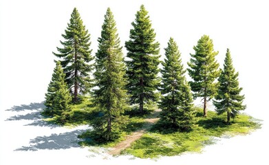 Lush green conifers cluster around a dirt path, cast shadows on a bright background