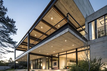 Modern Concrete House Exterior with Cantilevered Balcony at Dusk