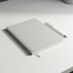 Minimal mockup of blank notebook cover, styled on clean white desk, modern branding template