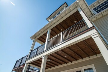 Low-Angle View of a House's Second-Story Balcony with Wooden Ceiling and Black Railings