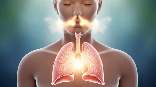Animated visualization of human respiratory system, showing lungs and airflow through nose and throat