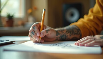 Close-up of tattooed student hand drawing with pencil on paper in cozy study environment. Artwork shows creative expression, detailing sharpened pencil on notebook with blurred brown background.