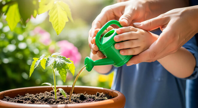 Nurturing Growth: Child and Adult Watering Plant Together