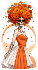 Fototapeta premium Woman with a skeleton face and orange flowers on her head. The woman is dressed in orange and white