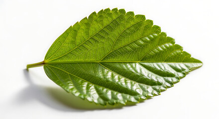 Obraz premium A single, vibrant green leaf with prominent veins and a serrated edge, isolated on a white background.