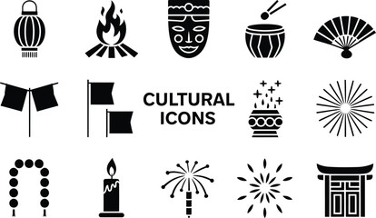 Collection of cultural and festive icons in black silhouette