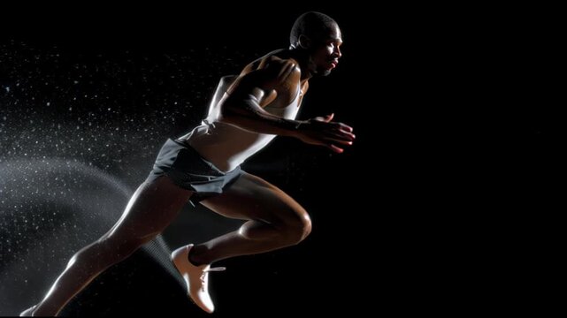 A male sprinter in an athletic pose, captured mid-run, with water droplets around him, highlighting speed and motion against a dark background.