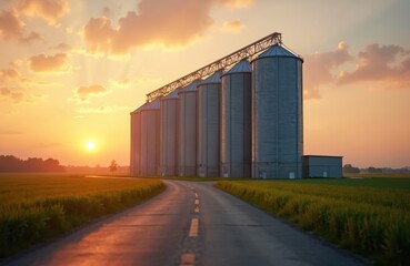 Obraz premium Grain silos stand tall on modern farm during golden hour sunrise. Agricultural infrastructure, storage facilities essential for food industry, agribusiness. Rural scene captures morning light