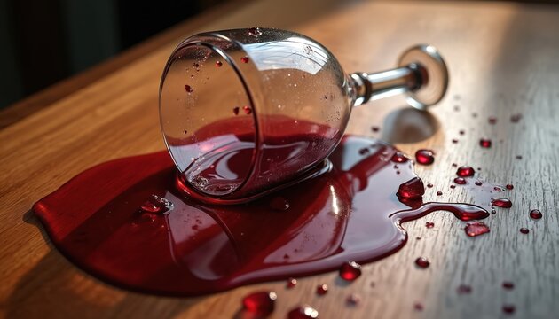 Red wine spills from overturned glass onto wooden table, creating mess. Shattered glass shards, droplets of liquid scattered across surface. Image captures moment of carelessness, highlights