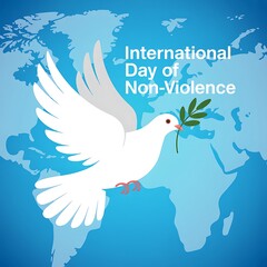 White dove carrying olive branch over world map celebrating international day of non violence