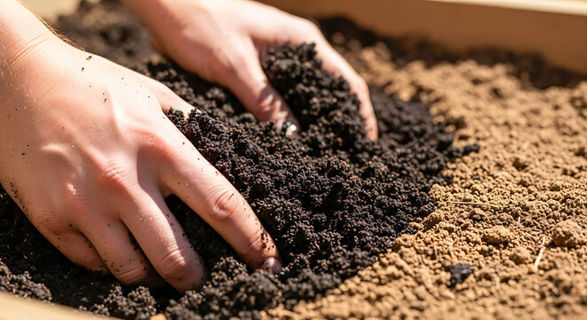 Hands Gently Working Rich Dark Soil in a Garden Bed
