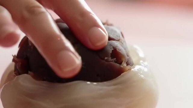 Close-up of a dark-colored sphere encased in white coating