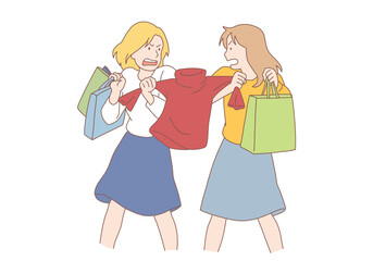 Two young angry women cartoon characters fighting for sweater during sales on shopping. Shopping, competition, fighting concept. Hand drawn style vector design illustrations.