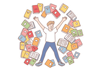 Smiling boy student looking at various books flying around getting prepared for exam and knowledge. Reading books and knowledge concept. Hand drawn style vector design illustrations.
