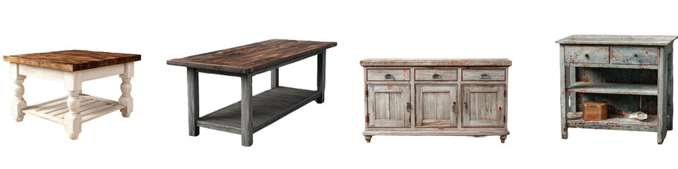 Three rustic wooden kitchen/dining pieces
