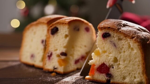 Knife cutting into a fruitcake loaf on a wooden table with tree lights