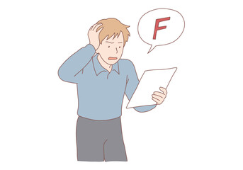  Young stressed student standing touching head feeling unhappy having bad mark in exam Having bad mark in education concept. Hand drawn style vector design illustrations.