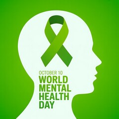 World mental health day awareness with green ribbon inside human head silhouette