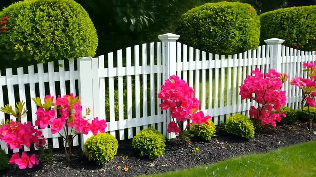 Vibrant pink flowers bloom alongside a white picket fence in a well-manicured garden