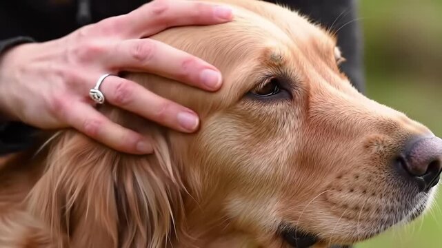 A golden retriever's head is gently being petted, focusing on its kind eye and soft fur with a blurred green background