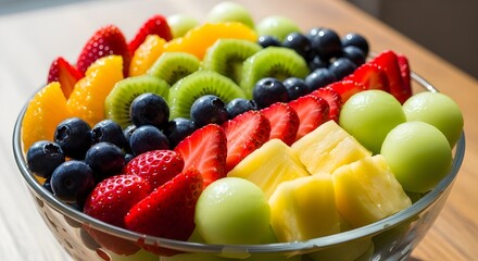 Enjoy a vibrant fruit salad with melon kiwi and strawberries