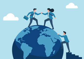Business people shake hands on top of the globe, symbolizing global partnership and success. Another climbs towards the top, representing ambition and growth