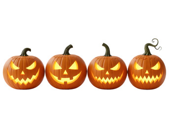 Four carved jackolanterns isolated on transparent background in a row