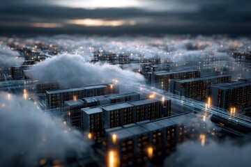 A busy cloud computing center, with a hazy cloud of data connected to nodes around the world, light trails mapping digital connections to major cities, and server racks emitting warm lights.
