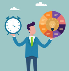 A businessman balances a clock and an idea chart, symbolizing time management, strategic planning, and innovation for business productivity
