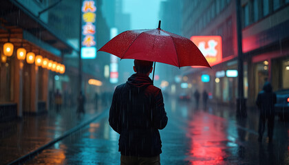 Obraz premium Man with red umbrella walks through rainy city street. Blurred neon lights reflect on wet pavement. Moody, atmospheric scene captures urban nightlife, solitude, protection from weather. Focus on