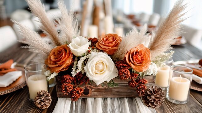 Rustic Thanksgiving floral centerpiece with orange roses,berries, pampas grass,candles,pinecones arranged in cozy interior, creating warm autumn holiday atmosphere on dining table seasonal decor