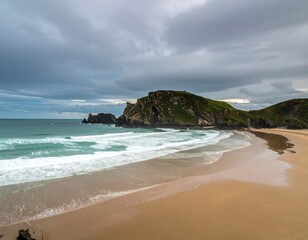 Serene Coastal Landscape with Craggy Green Island and Rolling Waves on Sandy Beach.