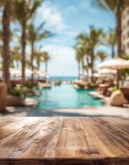 Obraz premium Relaxing tropical resort poolside scene with lush palm trees, clear blue water, and wooden deck in a sunny outdoor setting