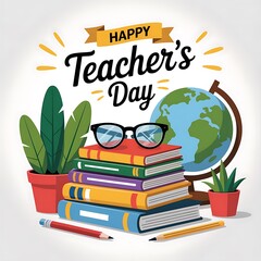 Happy teachers day with books globe glasses and plants