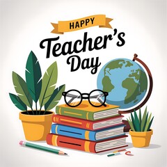Happy teachers day celebration with books plants globe and glasses