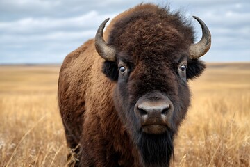 Shocked Bison with Wide Eyes in Prairie Close Up Wildlife Photography Nature Behavior and Dramatic Animal Portrait