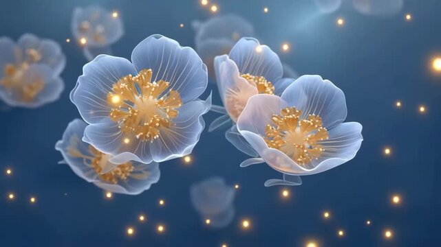 Delicate floral arrangement with translucent petals and golden centers, set against a dreamy blue background with soft lights