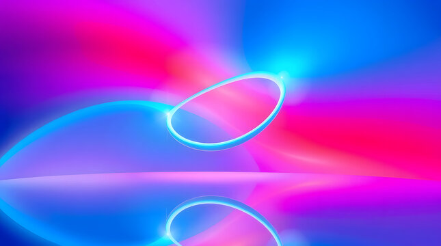 Abstract Neon Ring Reflection on Vibrant Pink and Blue Gradient Background - Futuristic Digital Art