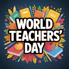 Happy world teachers day with books and autumn leaves