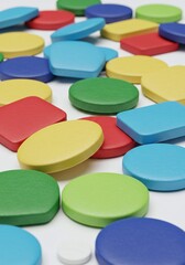 Vibrant geometric and novelty shapes scattered on white, resembling playful educational blocks or game pieces, promoting creativity and learning