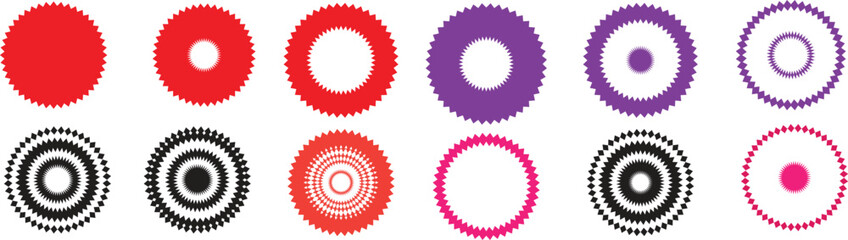Set of circular stickers with jagged geometric shapes for frames, stamps,