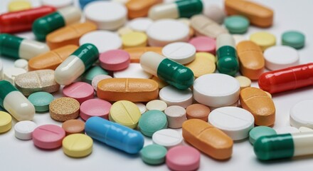 A vibrant assortment of diverse pharmaceutical pills and capsules scattered on a bright white surface, symbolizing modern healthcare, medical treatment, and wellness