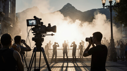 Fototapeta premium silhouette of people of film production in site