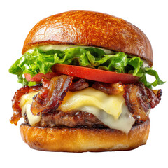 Juicy burger with crispy bacon, melted cheese, fresh lettuce, and tomato on toasted bun, perfect for satisfying meal