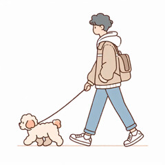 Young people walking with their cute dogs, Animal friendship. Happy people walking with funny dogs. Illustrations in cartoon style. Generative ai
