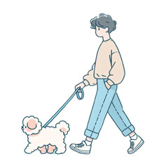 Young people walking with their cute dogs, Animal friendship. Happy people walking with funny dogs. Illustrations in cartoon style. Generative ai