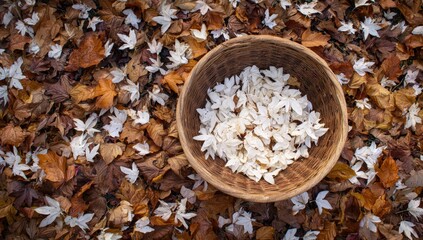 Wooden bowl filled with white flower petals rests on autumn leaves