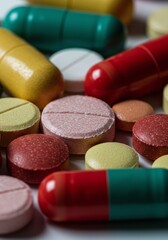Colorful pharmaceutical pills and vibrant capsules scattered, symbolizing global healthcare, medication, treatment, and wellness solutions for diverse medical conditions and daily health