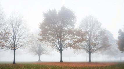 Obraz premium Ethereal Autumn Park with Trees Fading into Dense Morning Fog